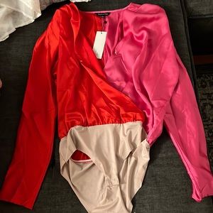 TWO SIDES SATIN DRAPE BODYSUIT - RED FUCHSIA - Size Large NWT NEW